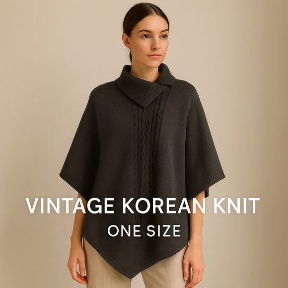 Vintage ESCIO Korean Knit Faded Black Cable Asymmetrical Collar Sweater Poncho - Picture 1 of 12